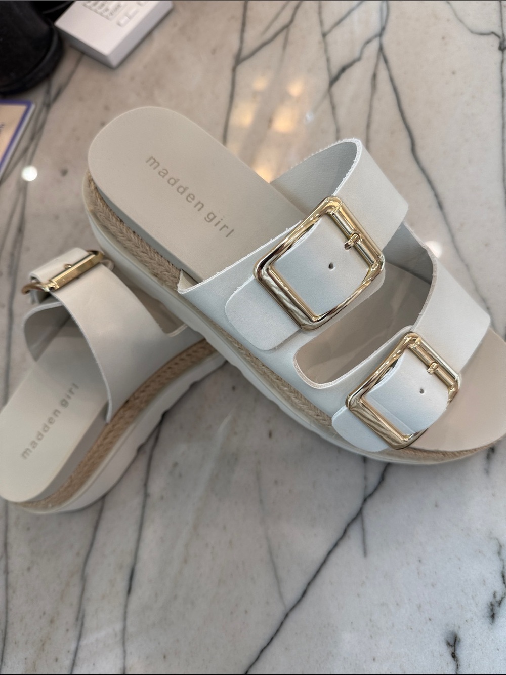 Madden Girl Cream Double-Buckle Espadrille Slide Sandals with Gold Buckles.